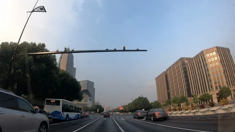 Hyperlapse:car moving fast on Shanghai Pudong street,China Stock Footage 96049290
