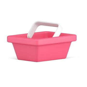 Hypermarket red plastic basket with handle carrying purchase 3d icon vector.. Illustration