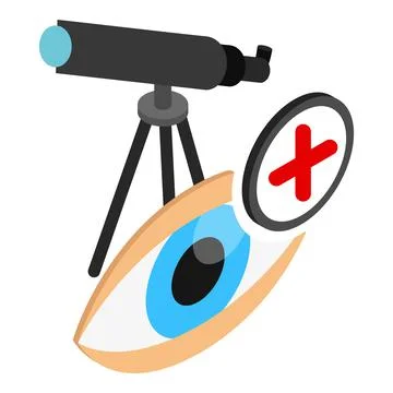 Hyperopia icon isometric vector. Black telescope open human eye and plus sign Stock Illustration