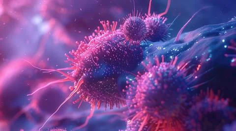 Hyperrealistic Microscopic View of Cancer Cells Attacking Healthy Tissue Stock Illustration