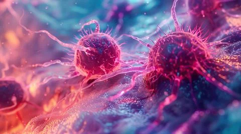 Hyperrealistic Microscopic View of Cancer Cells Attacking Healthy Tissue Stock Illustration