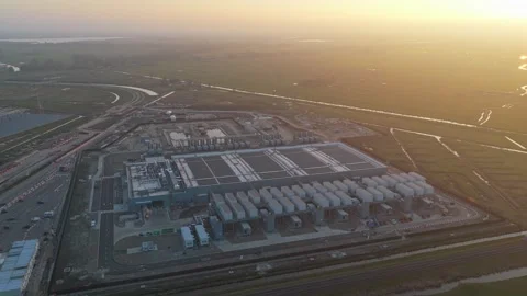 Hyperscale data center aerial view at sunrise, Groningen Stock-Footage 332849919