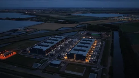 Hyperscale data center aerial view at night Stock Footage 340349953