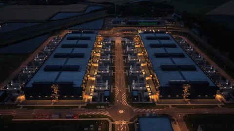 Hyperscale data center aerial view at night Stock Footage 340349974