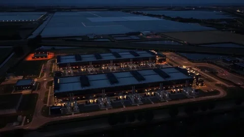 Hyperscale data center aerial view at night for ai and cloud computing Stock Footage 340350028