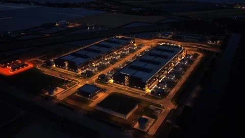 Hyperscale data center aerial view at night for ai and cloud computing Stock Footage 340350035