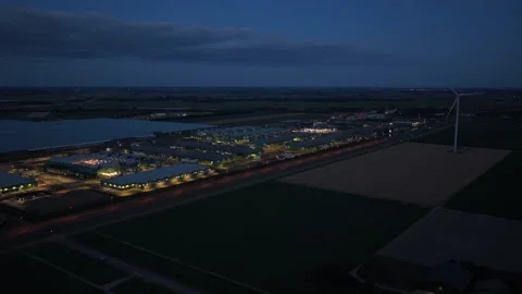 Hyperscale data center aerial view at night in netherlands Stock Footage 340350060