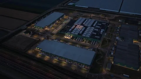 Hyperscale data center with artificial intelligence infrastructure at night Stock Footage 340350026