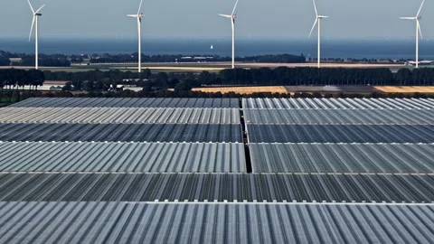 Hyperscale Data Center Campus generating clean renewable energy with turbines Stock Footage 344429871