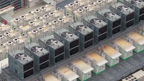 Hyperscale data center with cooling system fans spinning Stock Footage 346339778