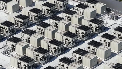 Hyperscale datacenter cooling system on rooftop Stock Footage 335989887
