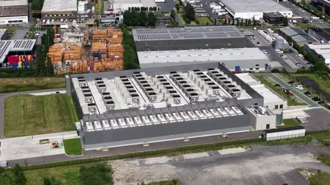 Hyperscale datacenter hosting cloud computing services aerial view Stock Footage 335989571