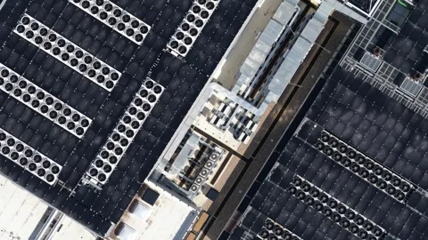 Hyperscale datacenter rooftop cooling systems aerial view Stock-Footage 335989857