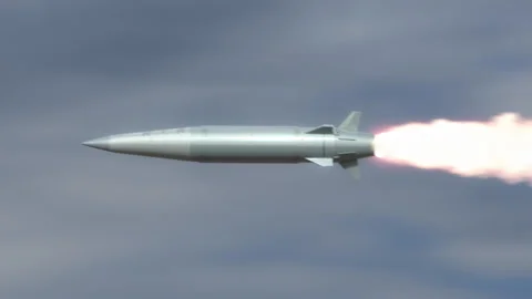 Hypersonic missile flying in the clouds Stock Footage 280060585
