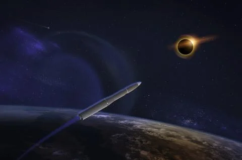 Hypersonic missile or rocket over the apocalyptic Earth during a solar eclipse. Illustrazione stock
