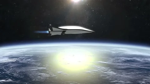 A hypersonic space drone with nuclear missiles slowly flies in space above the Stock Footage 156711533