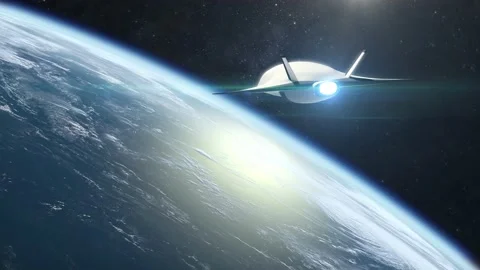 A hypersonic space drone with nuclear missiles flies away. View of the Earth Stock Footage 161828323