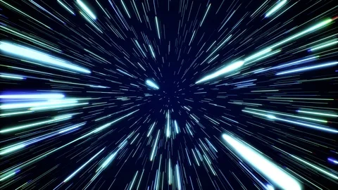 Hyperspace jump through the stars to a distant space seamless loop. Neon rays Stock Footage 107487681