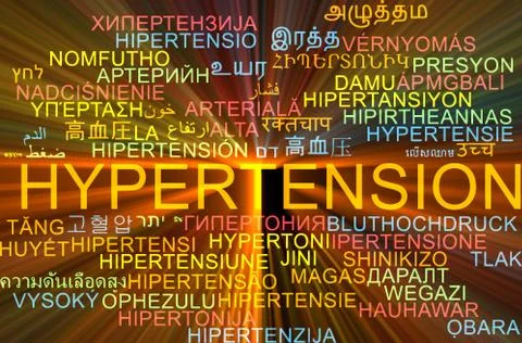 Hypertension multilanguage wordcloud background concept glowing Stock Illustration
