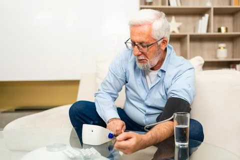 Hypertension problem in senior age. Old man measuring blood pressure with Stock Photos