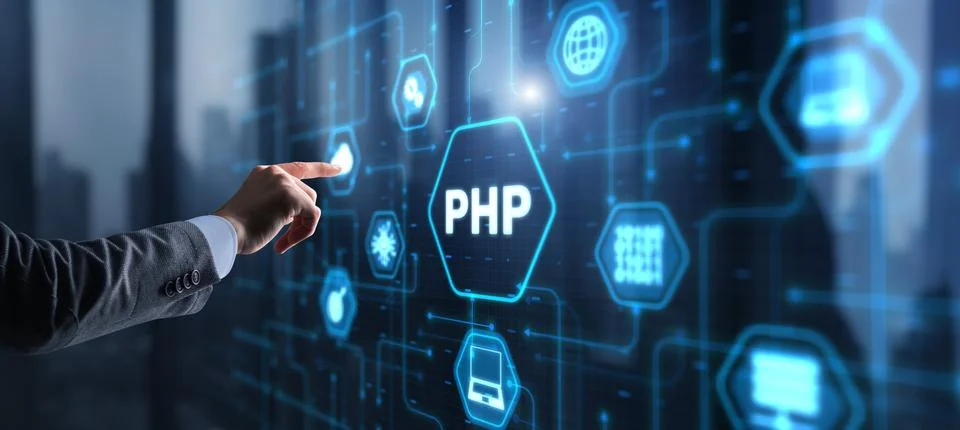 Hypertext Preprocessor PHP Programming. Interpreted programming language Stock-Fotos