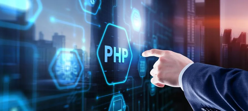 Hypertext Preprocessor PHP Programming. Interpreted programming language Stock Photos