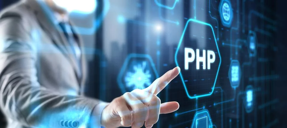 Hypertext Preprocessor PHP Programming. Interpreted programming language Stock Photos