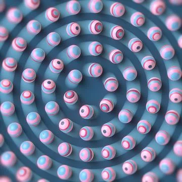 Hypnotic 3D Render of Radial Striped Blue and Pink Spheres Pattern Stock Illustration