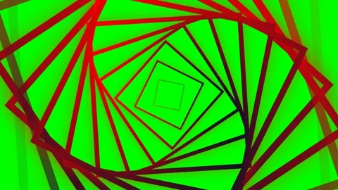 A hypnotic tunnel of red squares rotating against a vibrant green background Stock Footage 340266554