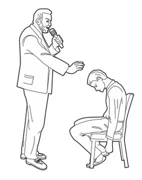 Hypnotist hypnotizes man. Black vector illustration isolated on white backgro Stock Illustration