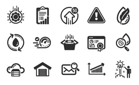 Hypoallergenic tested, Cloud server and 5g upload icons set. Packing boxes 스톡 일러스트
