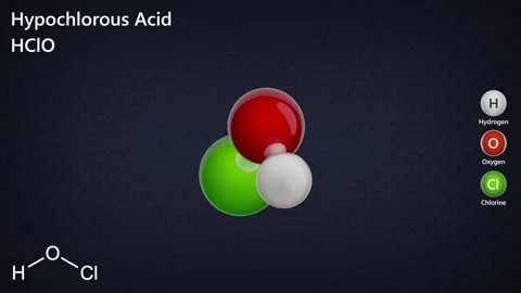 Hypochlorous acid (HOCl). 3D render. Dark Black Video stock 286340176