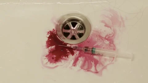 Hypodermic Syringe Lying In Bloody Sink With Dramatic Crime Scene Concept Video stock 329052413