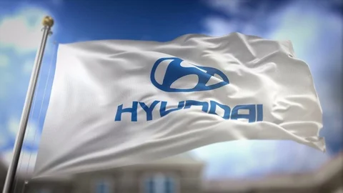 Hyundai Flag Waving Slow Motion 3D Rendering Blue Sky Background - Editoria.. Stock Footage 75657943