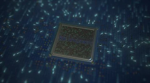 HYUNDAI logo on the processor on computer board. Conceptual editorial 3d Illustrazione stock