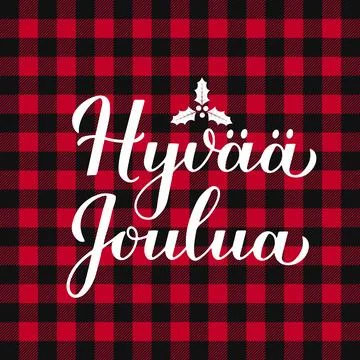Hyv Joulua calligraphy hand lettering on red buffalo plaid background. Merry  Stock Illustration