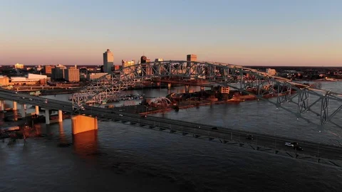 I-40 bridge and Memphis skyline at sunset- Establishing shot Stock Footage