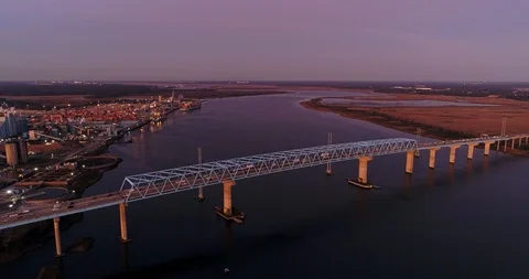 I-526 with traffic over Cooper River in Charleston, South Carolina Stock Footage 124145145