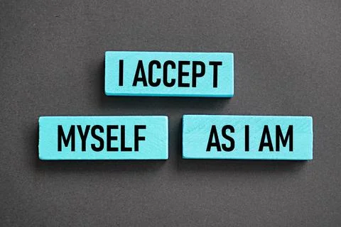 I ACCEPT MY SELF AS I AM woodblock print. Self-inspiration shapes personality 스톡 사진