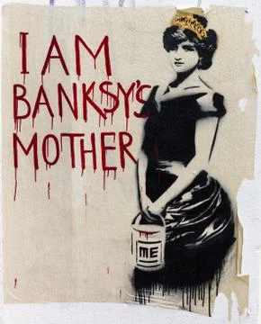 I am Banksys mother. Cologne Street Art Sticker in Style of a Banksy Stencil. Stock Photos