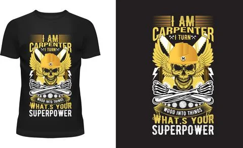 I Am Carpenter – Skull T-Shirt Design with Helmet, Hammers, Wings, Stock Illustration