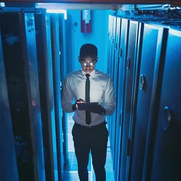 I can code in my sleep. a young IT specialist standing alone in the server room Stock Photos