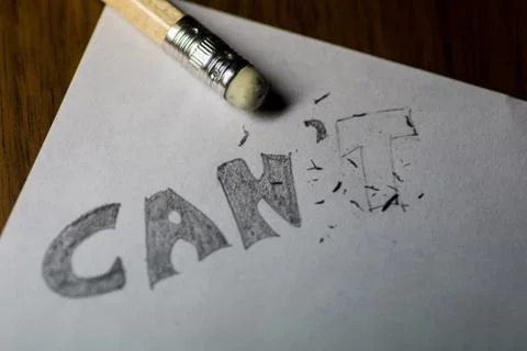 I can't, written in pencil with the t erased Stock Photos