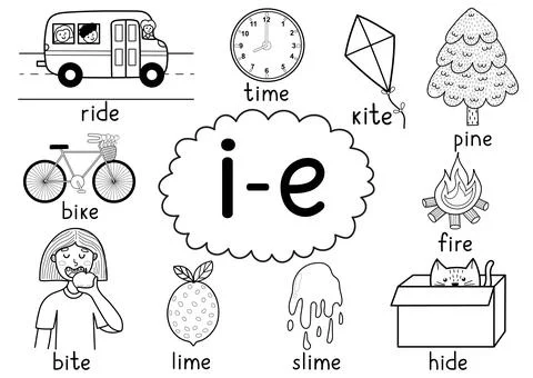 I-e digraph spelling rule black and white educational poster for kids with words Stock Illustration