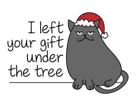 I left your gift under the tree - Cute gray cat in the Christmas Hat Stock-Illustration