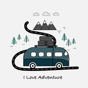 I Love Adventure typography with van, mountains and forest tree. Stock Illustration