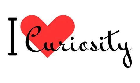 I love Curiosity creative slogan. Hand drawn letters with red heart. Vector.. Stock Illustration