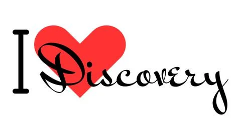 I love Discovery creative slogan. Hand drawn letters with red heart. Vector.. Stock Illustration