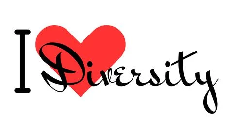 I love Diversity creative slogan. Hand drawn letters with red heart. Vector.. Stock Illustration