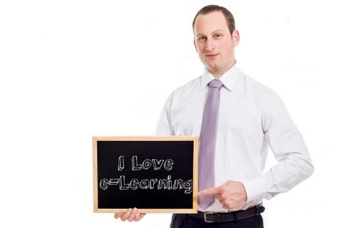 I Love e-Learning - Young businessman with blackboard Stock Photos